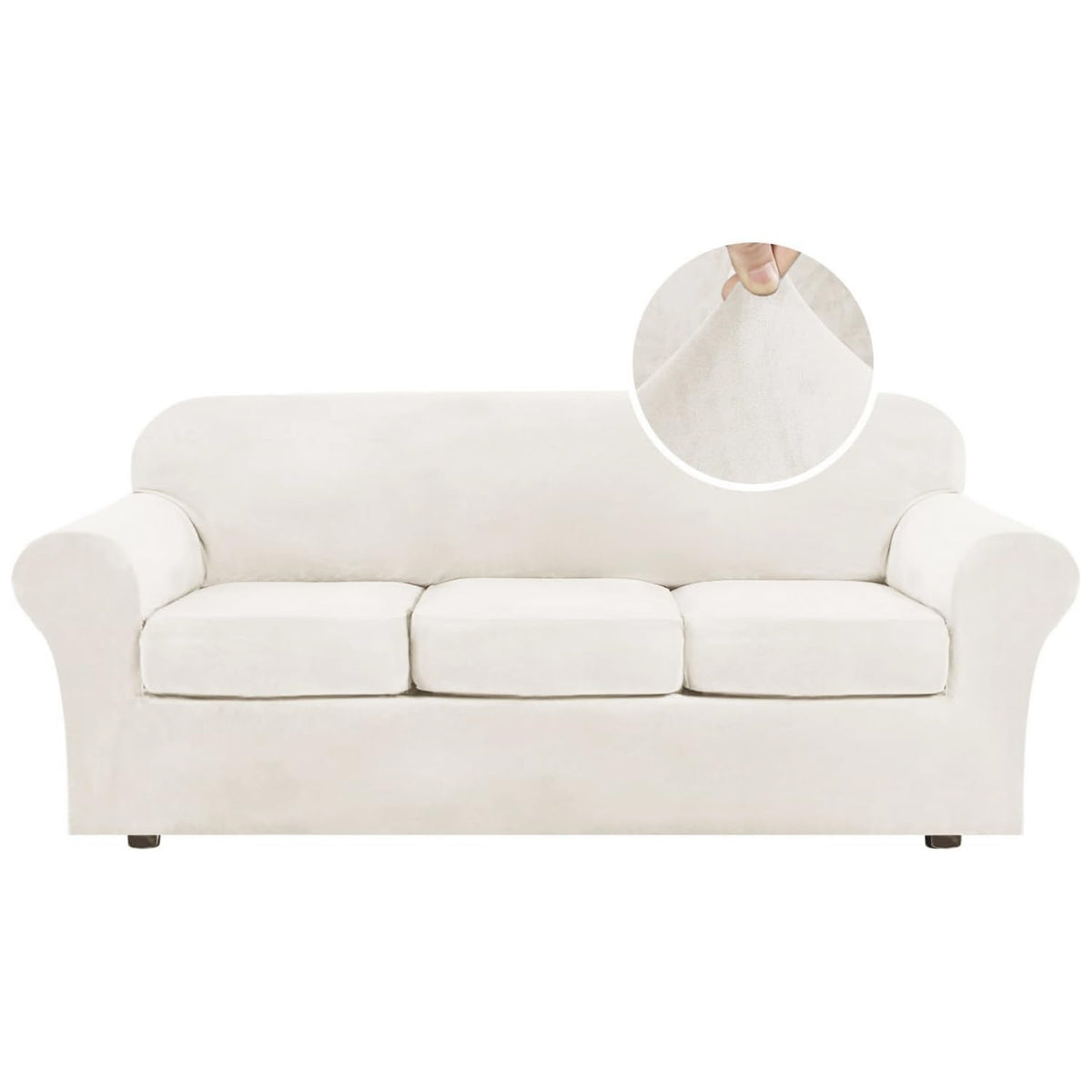 H.VERSAILTEX Modern Velvet Plush 4 Piece High Stretch Sofa Slipcover Furniture Protector Form Fit Luxury Thick Sofa Cover for 3 Cushion Couch, Machine Washable Width Up to 90 Inch(Sofa,Ivory)