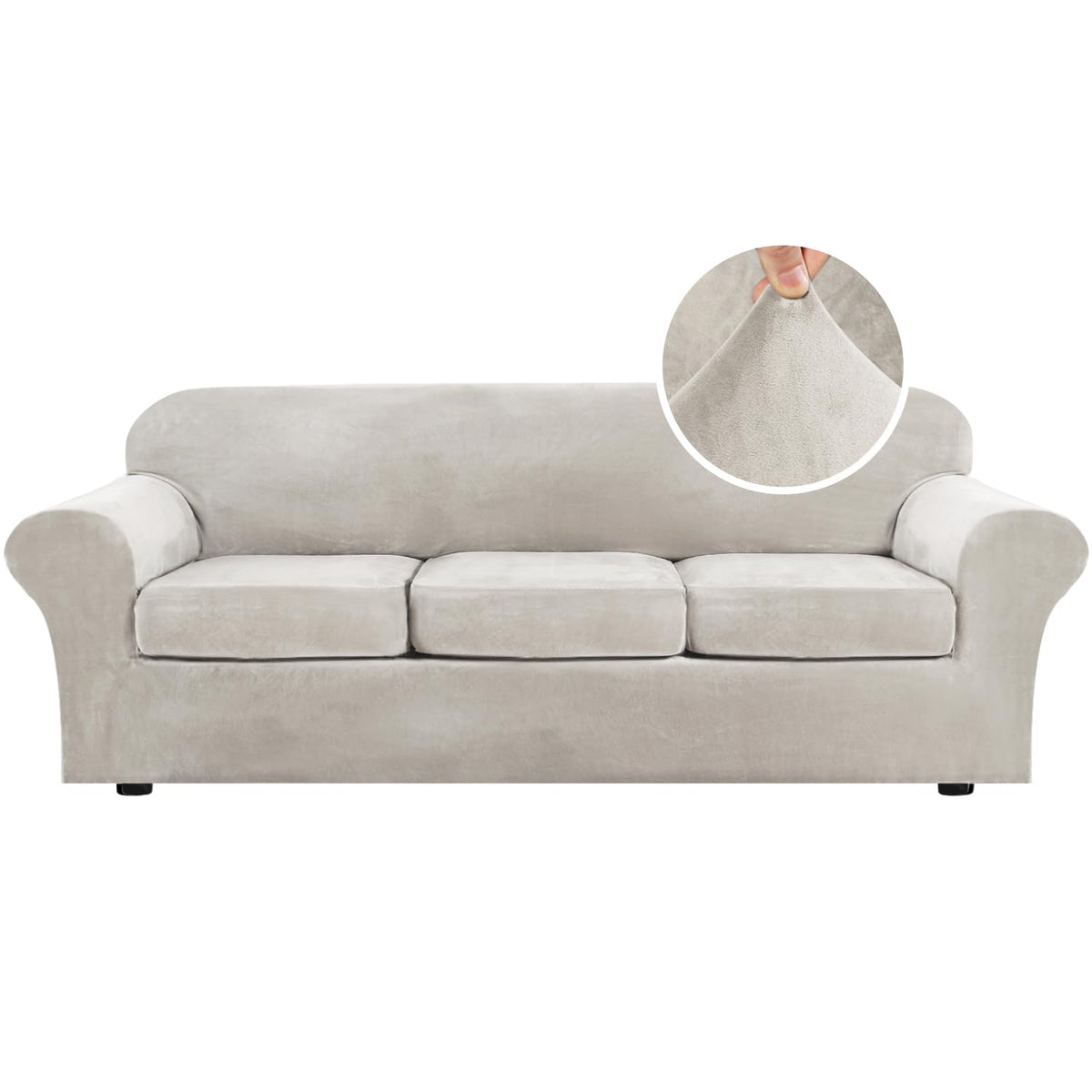 H.VERSAILTEX 4 Pieces Thick Velvet Sofa Covers Couch Covers for 3 Cushion Couch Sofa High Stretch Slipcovers Furniture Protector Form Fit Luxury Couch Cover for Dogs Width Up to 90 Inch(Sofa,Grey)