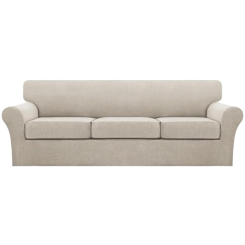 Turquoize 4 Piece Couch Cover Sofa Covers for 3 Cushion Couch Sofa Slipcovers Washable Sofa Cover for Dogs with Individual Couch Cushion Covers Feature Jacquard Fabric(3 Cushion Sofa, Biscotti Beige)