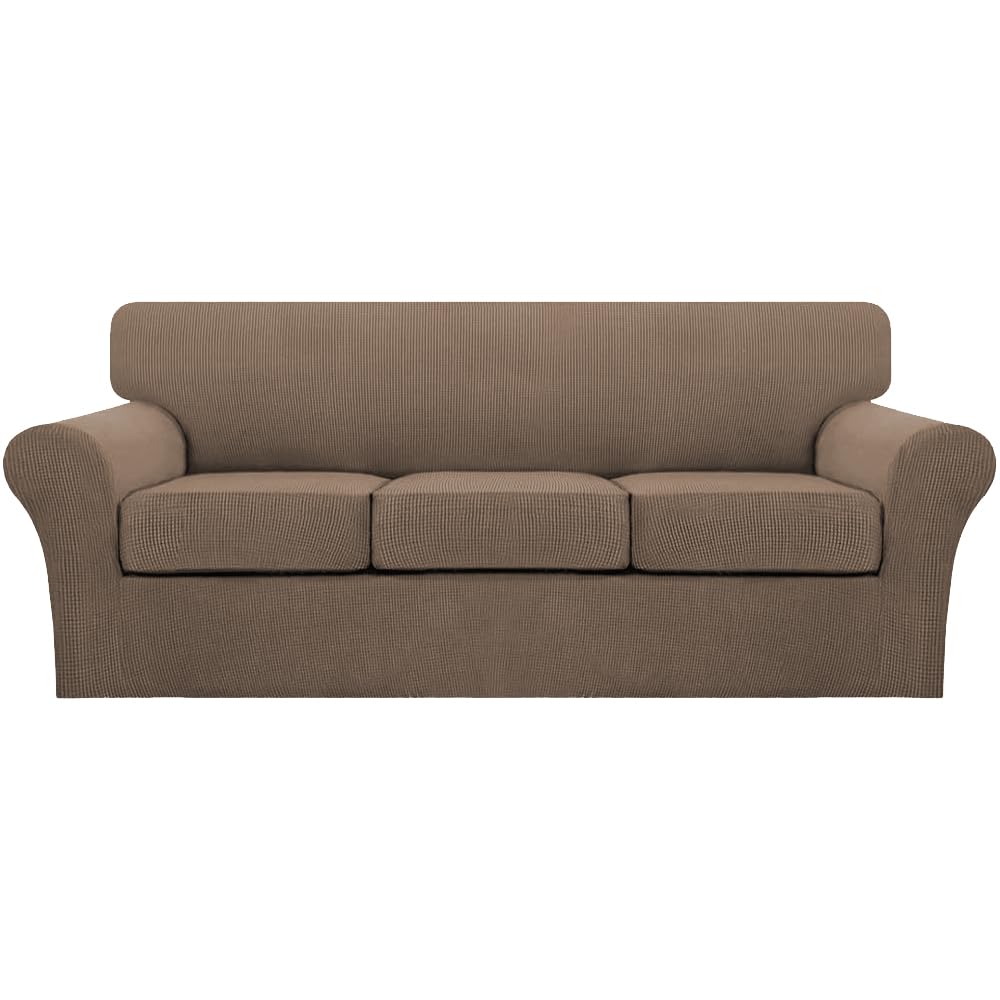 Turquoize 4 Piece Couch Cover Sofa Covers for 3 Cushion Couch Sofa Slipcovers Washable Sofa Cover for Dogs with Individual Couch Cushion Covers Feature Jacquard Fabric(3 Cushion Sofa, Biscotti Beige)