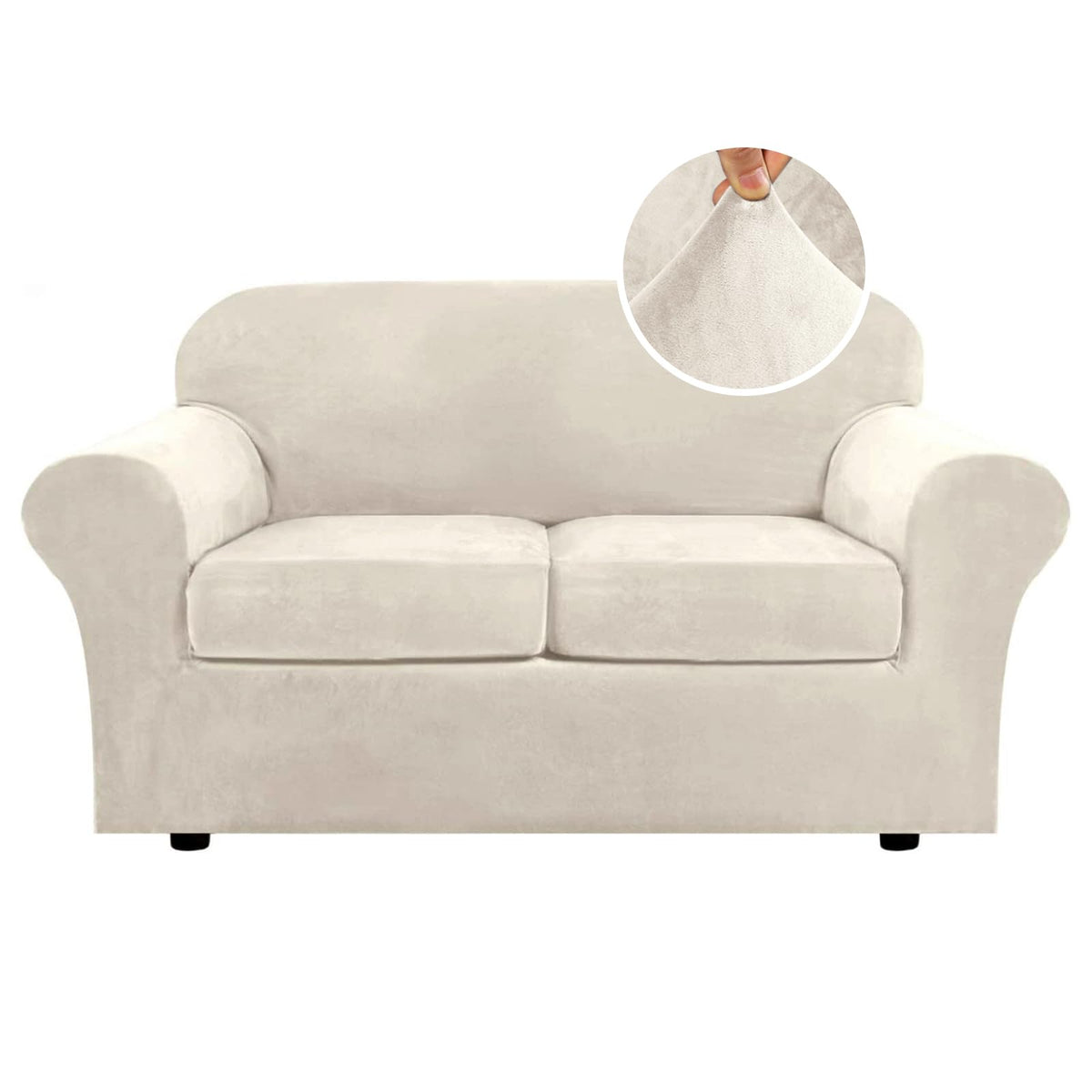 H.VERSAILTEX Modern Velvet Plush 4 Piece High Stretch Sofa Slipcover Furniture Protector Form Fit Luxury Thick Sofa Cover for 3 Cushion Couch, Machine Washable Width Up to 90 Inch(Sofa,Ivory)