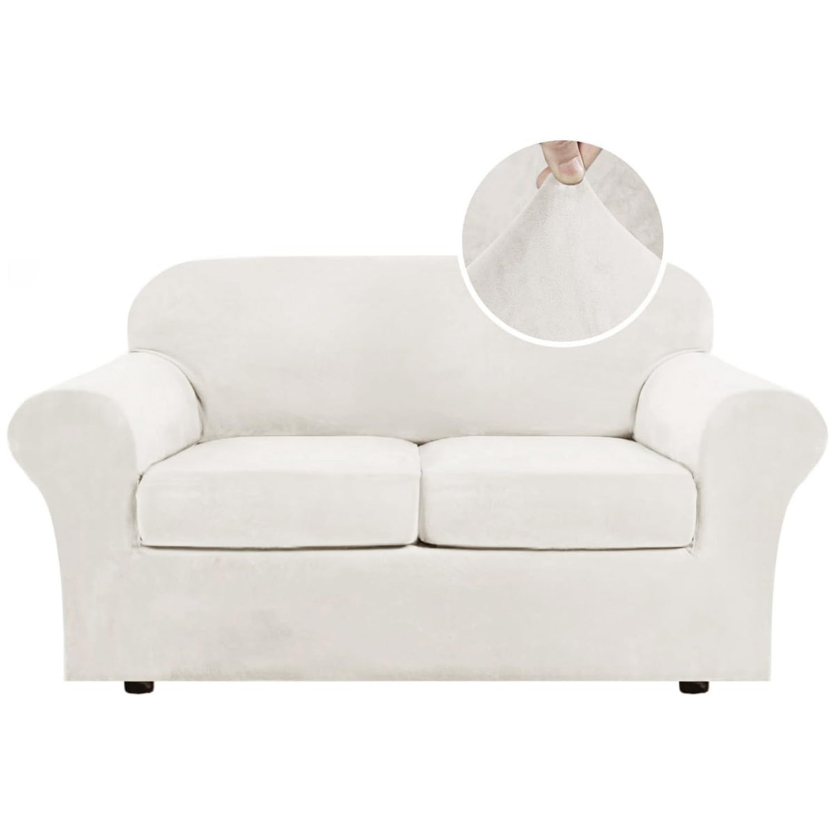 H.VERSAILTEX Modern Velvet Plush 4 Piece High Stretch Sofa Slipcover Furniture Protector Form Fit Luxury Thick Sofa Cover for 3 Cushion Couch, Machine Washable Width Up to 90 Inch(Sofa,Ivory)