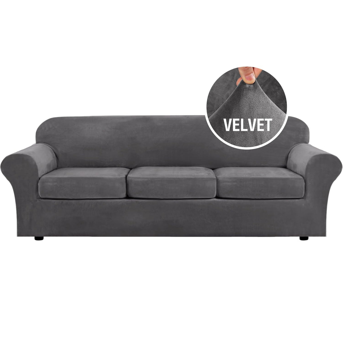 H.VERSAILTEX 4 Pieces Thick Velvet Sofa Covers Couch Covers for 3 Cushion Couch Sofa High Stretch Slipcovers Furniture Protector Form Fit Luxury Couch Cover for Dogs Width Up to 90 Inch(Sofa,Grey)
