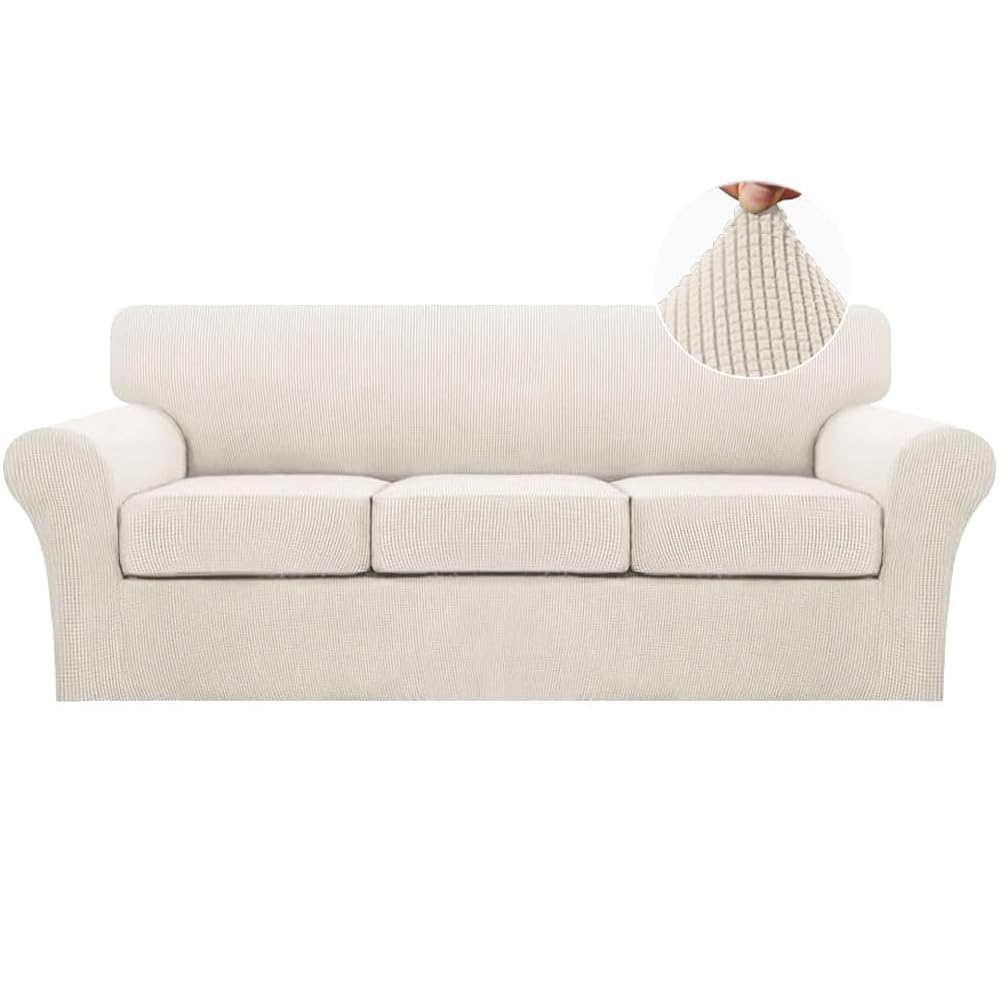 Turquoize 4 Piece Couch Cover Sofa Covers for 3 Cushion Couch Sofa Slipcovers Washable Sofa Cover for Dogs with Individual Couch Cushion Covers Feature Jacquard Fabric(3 Cushion Sofa, Biscotti Beige)