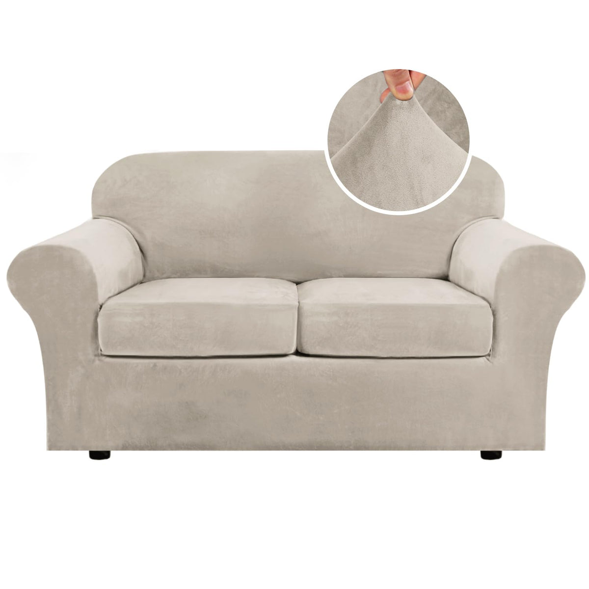 H.VERSAILTEX Modern Velvet Plush 4 Piece High Stretch Sofa Slipcover Furniture Protector Form Fit Luxury Thick Sofa Cover for 3 Cushion Couch, Machine Washable Width Up to 90 Inch(Sofa,Ivory)