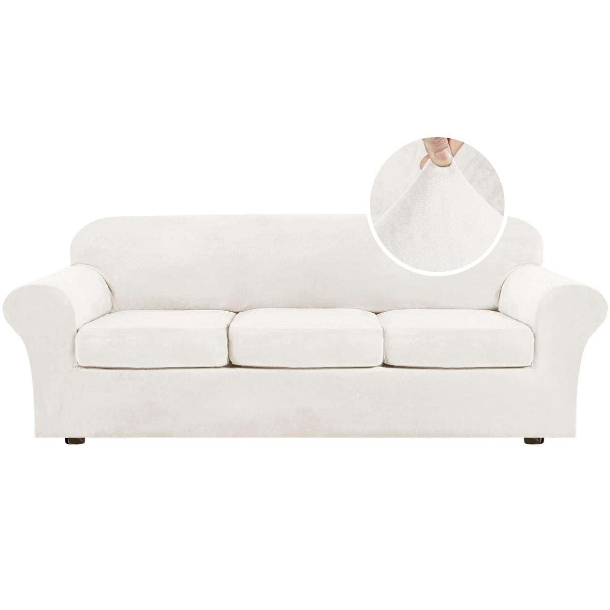 H.VERSAILTEX Modern Velvet Plush 4 Piece High Stretch Sofa Slipcover Furniture Protector Form Fit Luxury Thick Sofa Cover for 3 Cushion Couch, Machine Washable Width Up to 90 Inch(Sofa,Ivory)