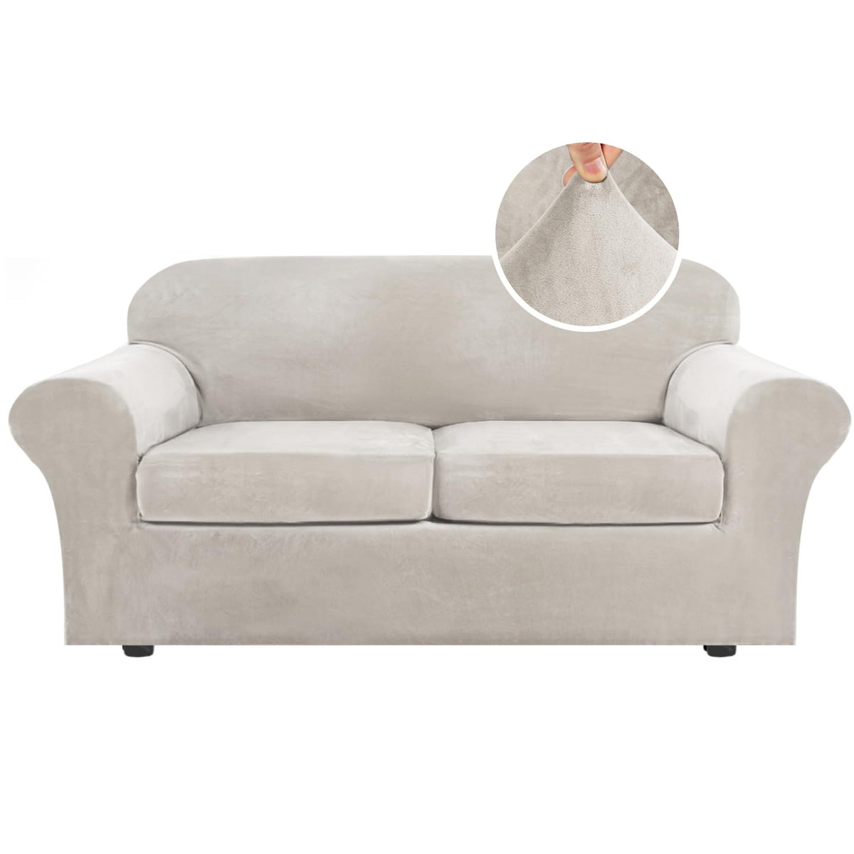 H.VERSAILTEX Modern Velvet Plush 4 Piece High Stretch Sofa Slipcover Furniture Protector Form Fit Luxury Thick Sofa Cover for 3 Cushion Couch, Machine Washable Width Up to 90 Inch(Sofa,Ivory)