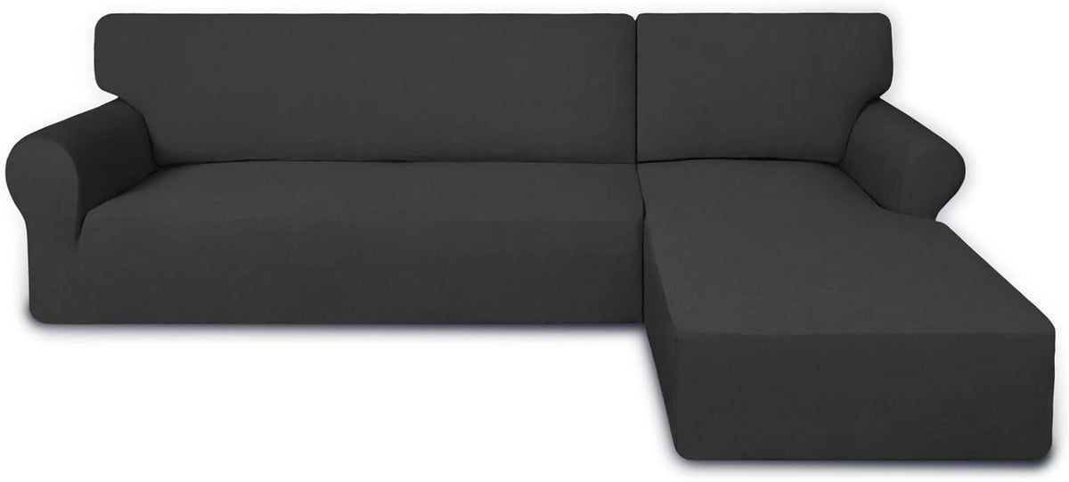 PureFit Super Stretch Sectional Couch Covers - 2 pcs Spandex Non Slip, with Elastic Bottom for L Shape Sectional Sofa Couches, Great for Kids & Pets (3 Seat Sofa + 3 Seat Chaise, Dark Gray)