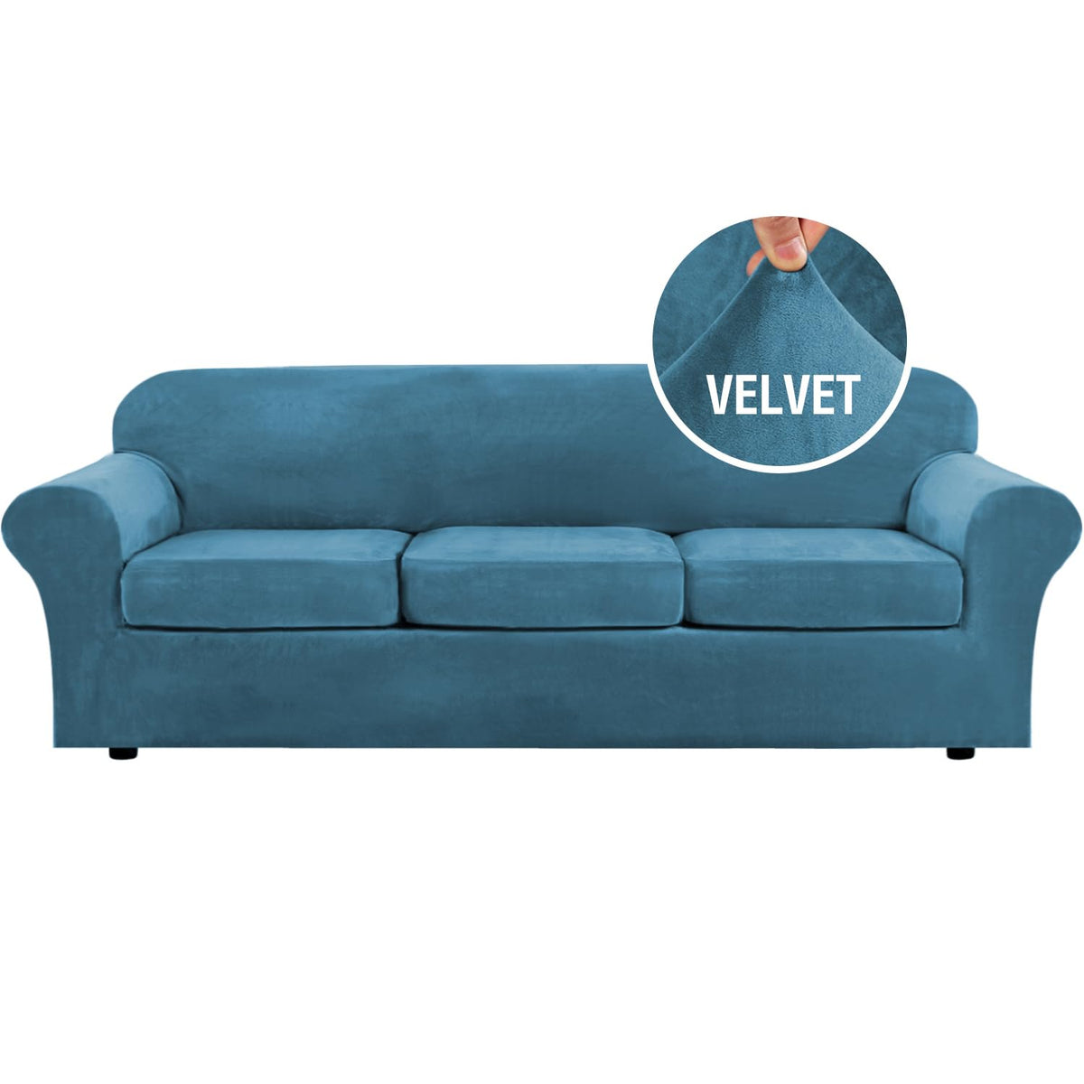 H.VERSAILTEX Modern Velvet Plush 4 Piece High Stretch Sofa Slipcover Furniture Protector Form Fit Luxury Thick Sofa Cover for 3 Cushion Couch, Machine Washable Width Up to 90 Inch(Sofa,Ivory)