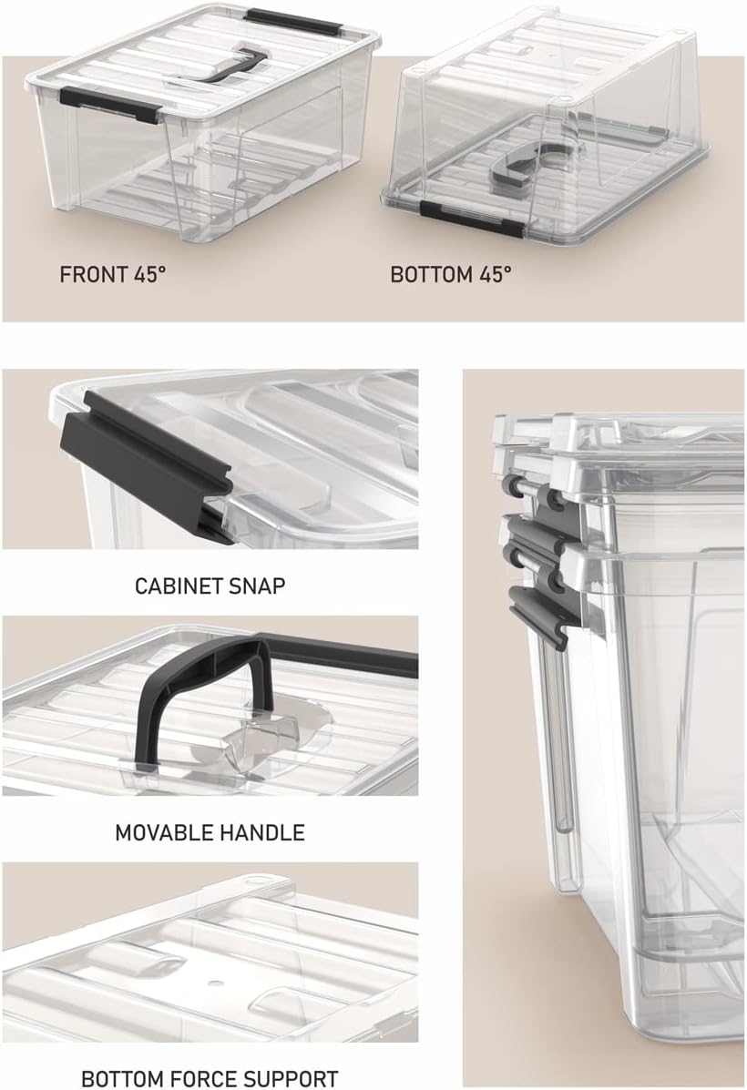 WYT Clear Storage Latch Bins, 6-Pack Storage Organizer Box with Handle and Lids, 5-Litre