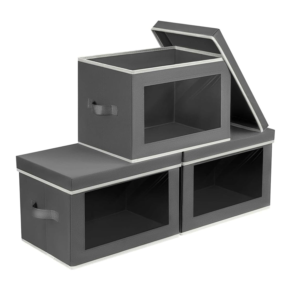 Homsorout Storage Bins with Lids - Fabric Storage Boxes with Window, Collapsible Closet Organizers with Handles, 3 Pack Decorative Bin, Home Cubes Baskets for Clothes, Hat, Books, Dark Grey