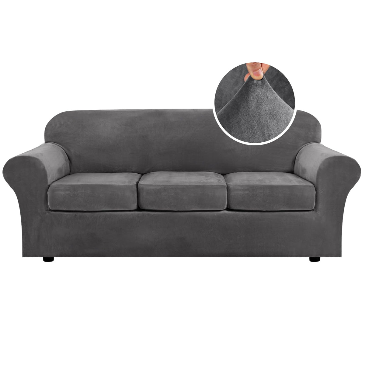 H.VERSAILTEX Modern Velvet Plush 4 Piece High Stretch Sofa Slipcover Furniture Protector Form Fit Luxury Thick Sofa Cover for 3 Cushion Couch, Machine Washable Width Up to 90 Inch(Sofa,Ivory)