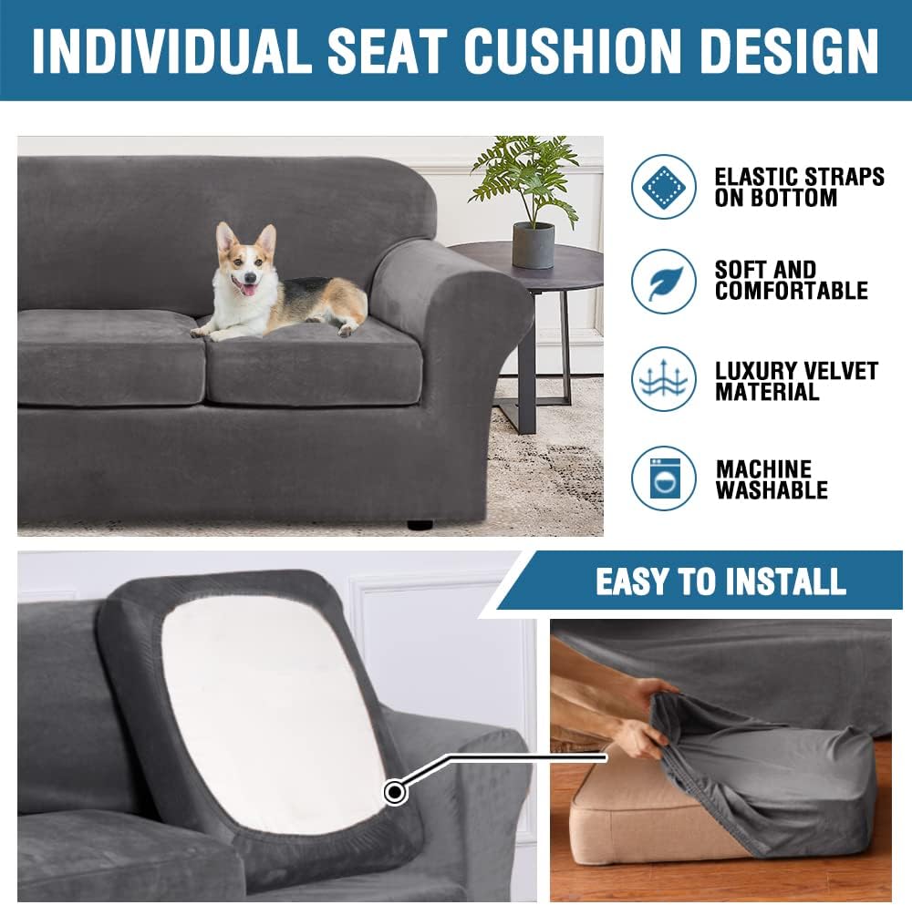 H.VERSAILTEX 4 Pieces Thick Velvet Sofa Covers Couch Covers for 3 Cushion Couch Sofa High Stretch Slipcovers Furniture Protector Form Fit Luxury Couch Cover for Dogs Width Up to 90 Inch(Sofa,Grey)