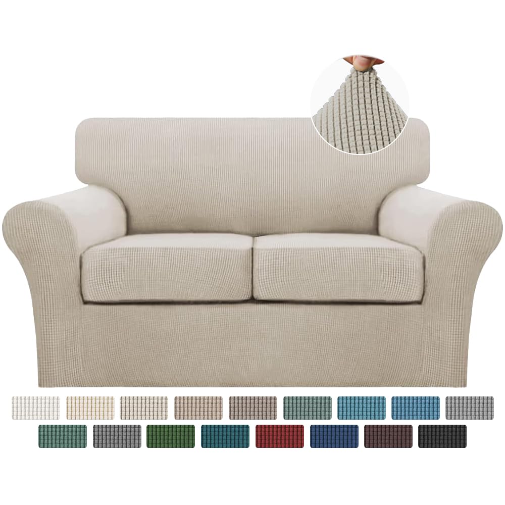 Turquoize 4 Piece Couch Cover Sofa Covers for 3 Cushion Couch Sofa Slipcovers Washable Sofa Cover for Dogs with Individual Couch Cushion Covers Feature Jacquard Fabric(3 Cushion Sofa, Biscotti Beige)