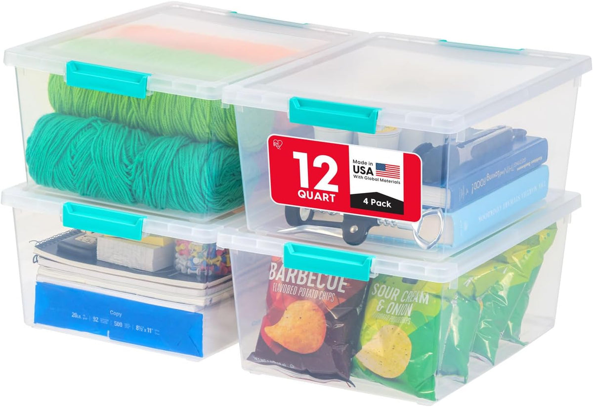 IRIS USA Storage Bins with Lids |Made in USA| 12 Qt - (4-Pack) - Clear