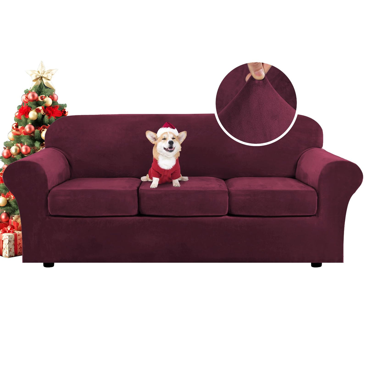 H.VERSAILTEX Modern Velvet Plush 4 Piece High Stretch Sofa Slipcover Furniture Protector Form Fit Luxury Thick Sofa Cover for 3 Cushion Couch, Machine Washable Width Up to 90 Inch(Sofa,Ivory)