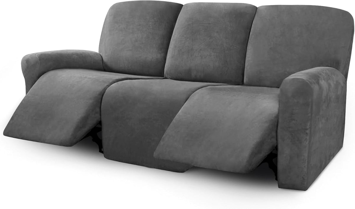 ULTICOR Velvet 8-Pieces Recliner Sofa Covers Stretch Reclining Couch Covers for 3 Cushion Reclining Sofa Slipcovers Furniture Covers Thick Soft Washable (3 Seater Recliner Cover, Dark Gray)