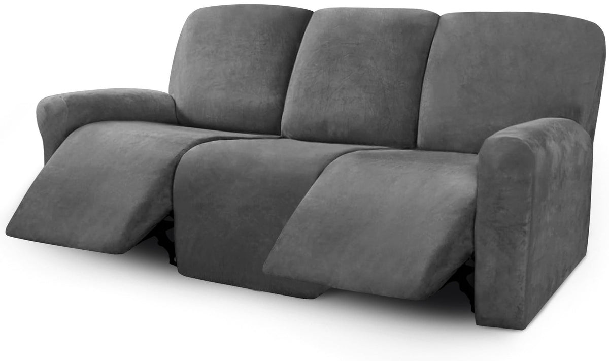 ULTICOR Velvet 8-Pieces Recliner Sofa Covers Stretch Reclining Couch Covers for 3 Cushion Reclining Sofa Slipcovers Furniture Covers Thick Soft Washable (3 Seater Recliner Cover, Dark Gray)
