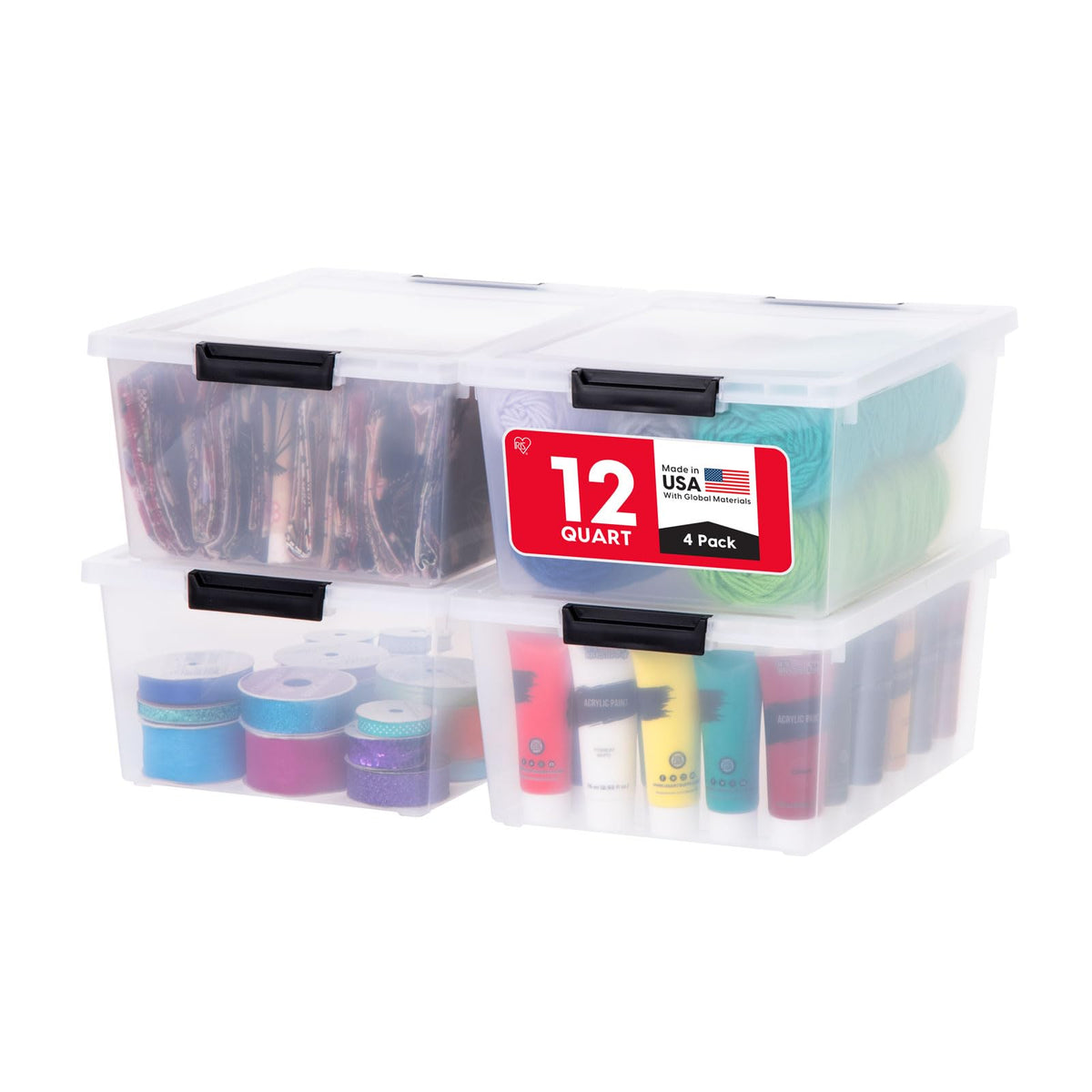 IRIS USA Storage Bins with Lids |Made in USA| 12 Qt - (4-Pack) - Clear
