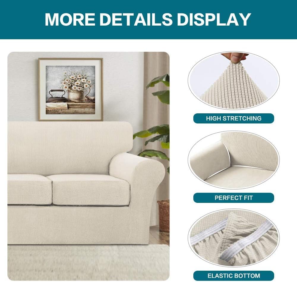 Turquoize 4 Piece Couch Cover Sofa Covers for 3 Cushion Couch Sofa Slipcovers Washable Sofa Cover for Dogs with Individual Couch Cushion Covers Feature Jacquard Fabric(3 Cushion Sofa, Biscotti Beige)
