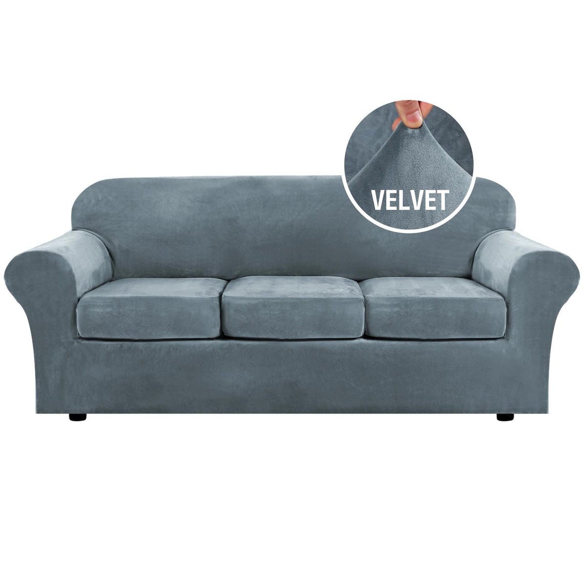 H.VERSAILTEX Modern Velvet Plush 4 Piece High Stretch Sofa Slipcover Furniture Protector Form Fit Luxury Thick Sofa Cover for 3 Cushion Couch, Machine Washable Width Up to 90 Inch(Sofa,Ivory)