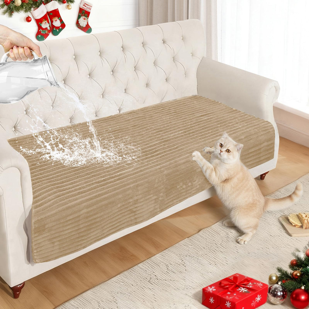 NAISI Couch Covers for Dogs Waterproof Flannel Striped Sofa Cover Pet Friendly Washable Dog Mat for Couch Anti Slip Sectional Sofa Slipcover Protector(2pcs/35"x63"+35"x70",Dark Grey)