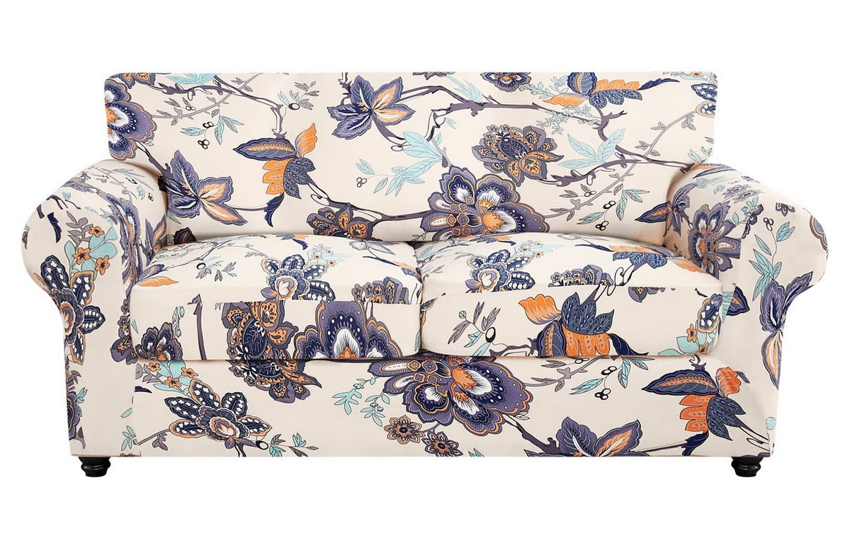 SearchI Stretch Sofa Cover Printed Couch Cover, Floral Pattern 4 Pieces Sofa Slipcover with 3 Separate Cushion Cover, Washable Furniture Protector for Living Room(Sofa, Yellow+Flower)