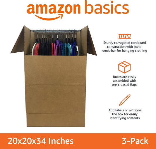 Amazon Basics Sturdy Wardrobe Moving Boxes, 20" x 20" x 34", Brown, 3-Pack
