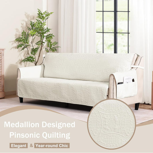 Soft Quilted Couch Cover with Pockets for Extra-Large Sofa, Anti-Slip Sofa Covers Washable for 3 Cushion Pet Friendly Medallion Oversized Sofa Cover Water-Repellent (X-Large Sofa 78", Ivory White)
