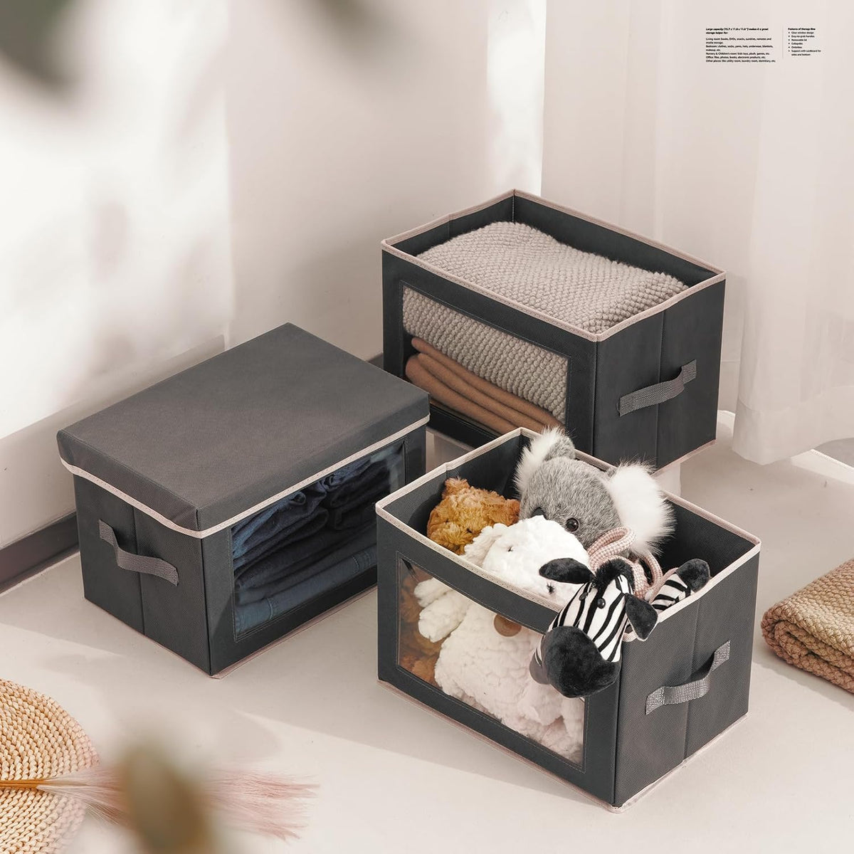 Homsorout Storage Bins with Lids - Fabric Storage Boxes with Window, Collapsible Closet Organizers with Handles, 3 Pack Decorative Bin, Home Cubes Baskets for Clothes, Hat, Books, Dark Grey
