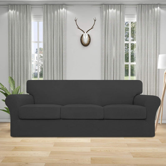 Easy-Going Couch Cover, Stretch Sofa Cover with 3 Cushion Covers, Washable Spandex Jacquard Fabric, Elastic Furniture Protector for Pets, Kid (Large, Dark Gray)