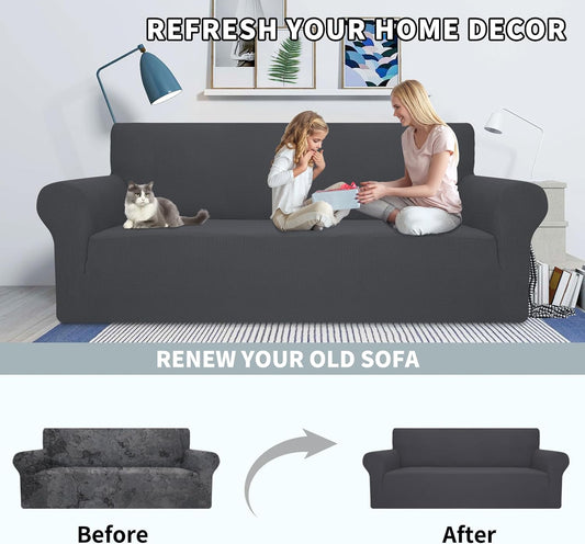 MAXIJIN Super Stretch Couch Cover for 3 Cushion Couch, 1-Piece Universal Sofa Covers Living Room Jacquard Spandex Furniture Protector Dogs Pet Friendly Fitted (Large, Gray)