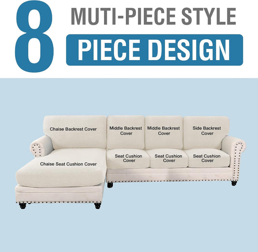H.VERSAILTEX Sectional Couch Covers 8 Pieces Stretch Sofa Covers for Sectional Sofa Set Separate L Shaped Couch Cover for Both Left/Right Couch (Seat and Back: 1 Chaise + 3 Sofa, Ivory)