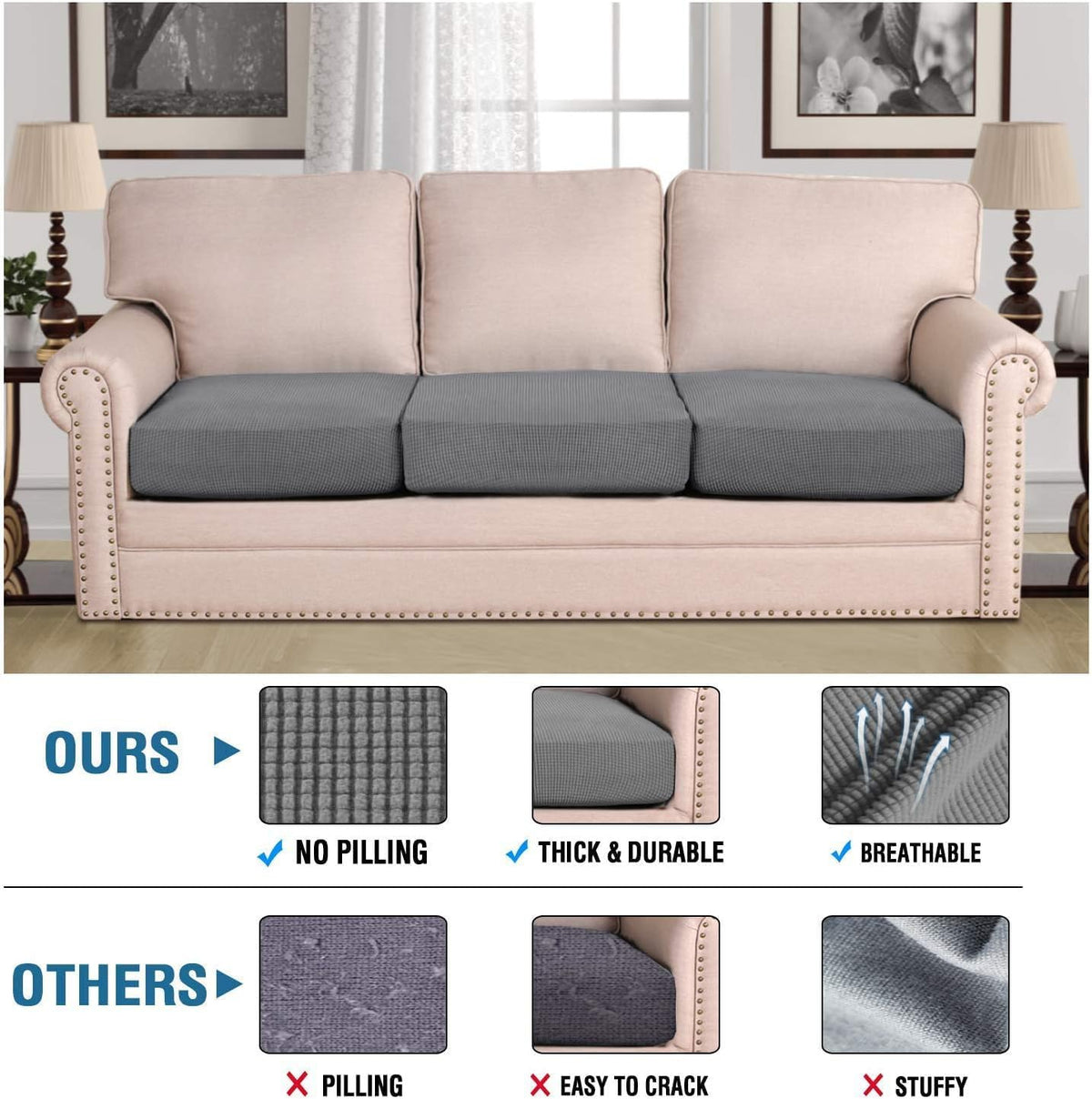 H.VERSAILTEX Super Stretch Individual Seat Cushion Covers Sofa Covers Couch Cushion Cover Slipcover Sets Thick Jacquard Textured Twill Fabric (3 Piece Sofa Cushion Covers, Grey)