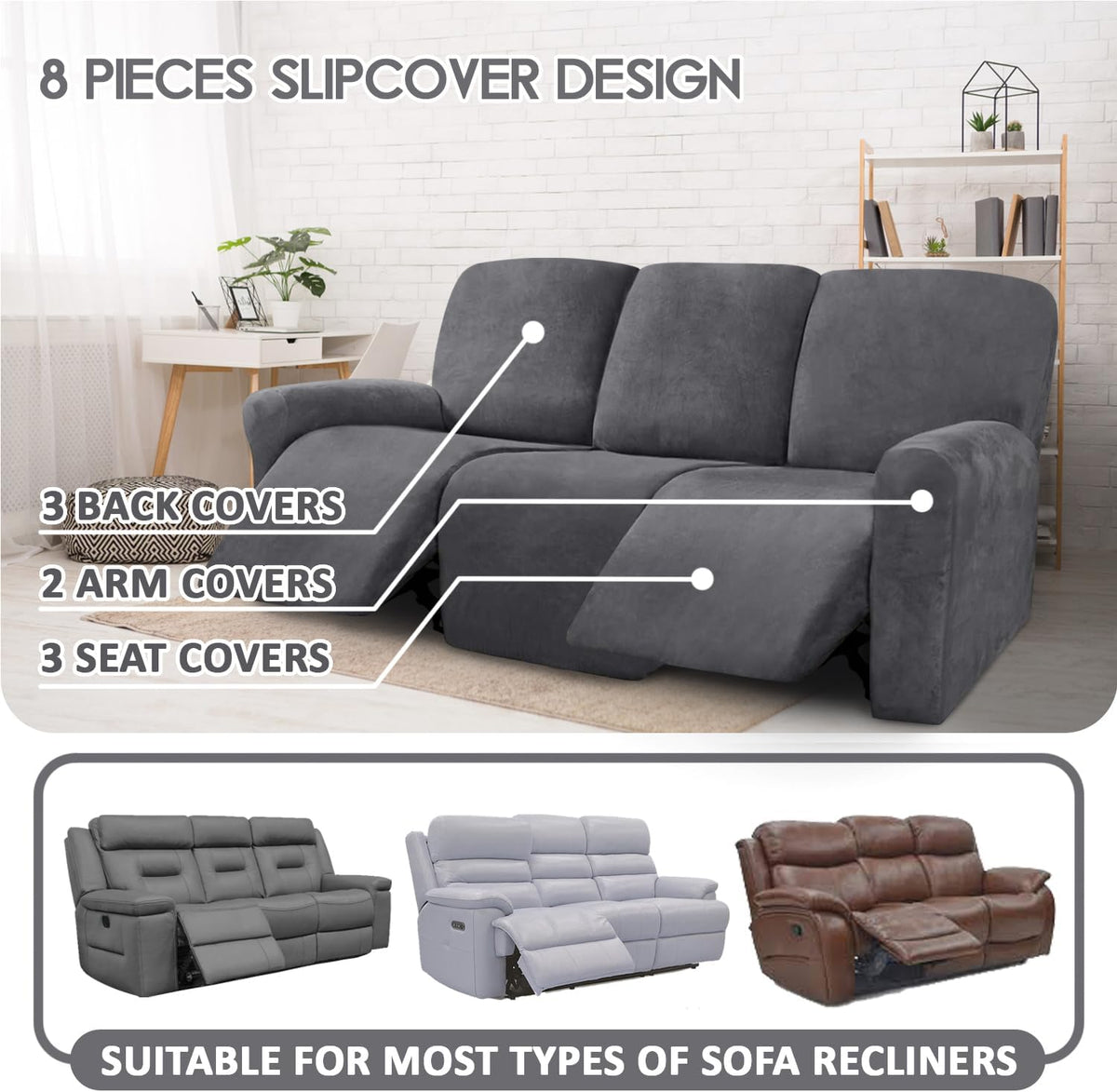 ULTICOR Velvet 8-Pieces Recliner Sofa Covers Stretch Reclining Couch Covers for 3 Cushion Reclining Sofa Slipcovers Furniture Covers Thick Soft Washable (3 Seater Recliner Cover, Dark Gray)