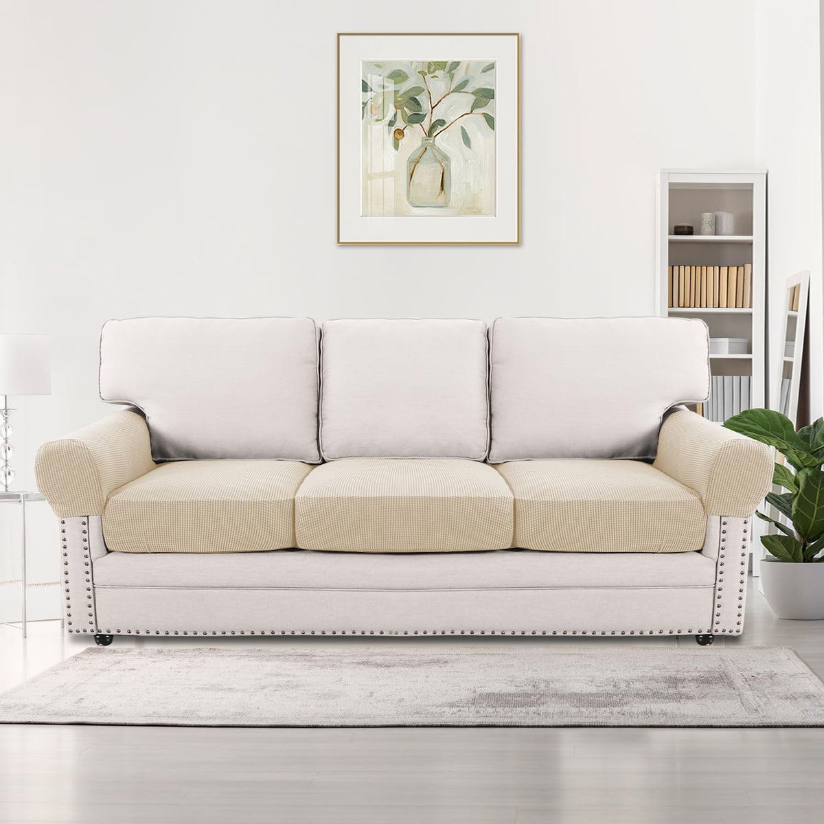 H.VERSAILTEX Multi-Pieces Sofa Covers Stretch Couch Covers Form Fitted Seats and Back Cushions Covers (3 Seat Covers Plus 3 Back Cusion Covers, Bonus 2 Armrest Covers), Sand