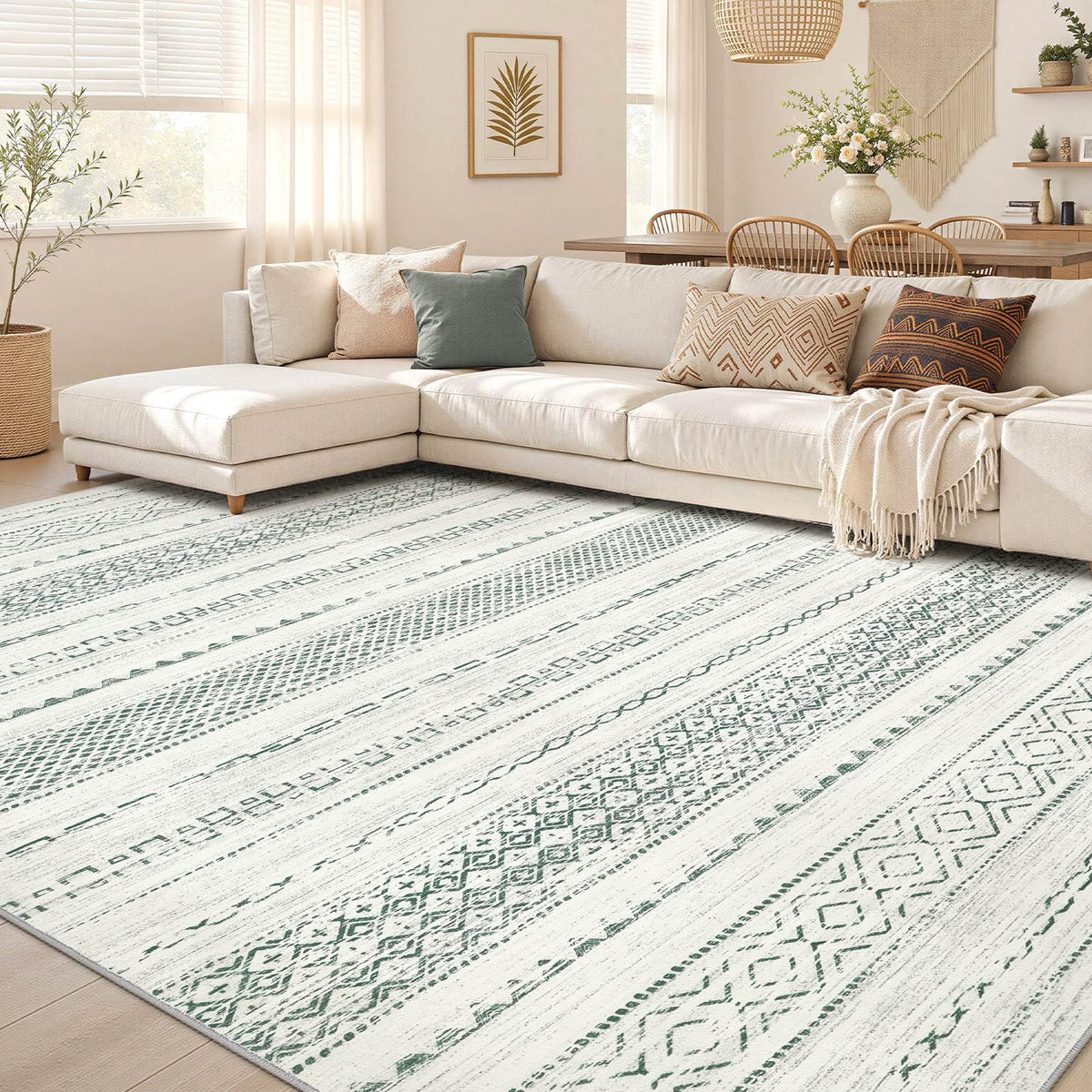 Nakagishi 10X14 Area Rugs for Living Room: Washable Modern Abstract Rug with Non-Slip Silicone Backing Low Pile Soft Carpet for Bedroom & Dining Decor Ideal for Families with Kids and Pets-Brown