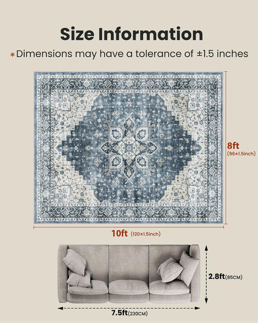 Amada 8x10 Area Rugs for Living Room, Washable Area Rug, Blue