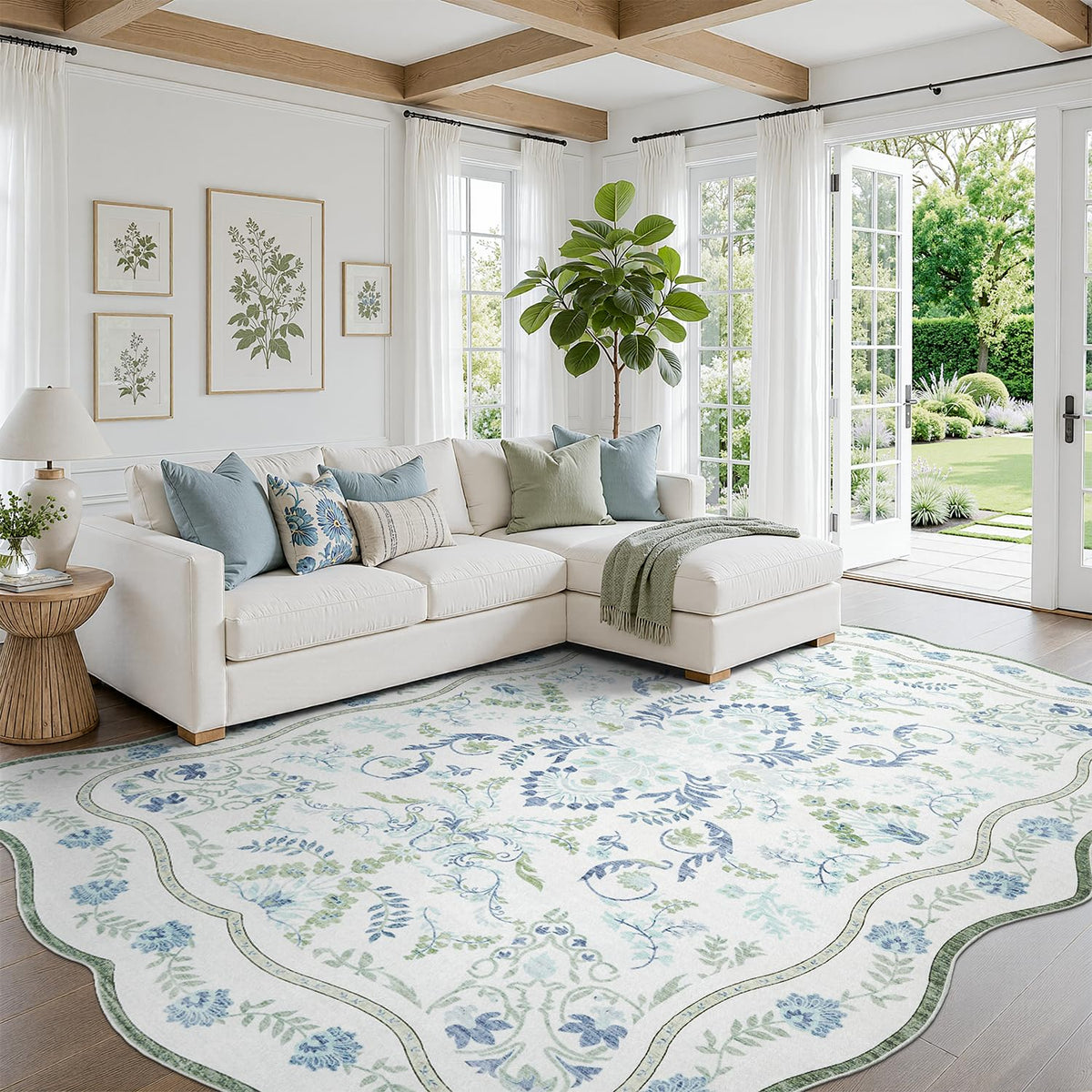 DCX 8x10 Area Rug Living Room: Washable Botanical Carpet Blue and Green