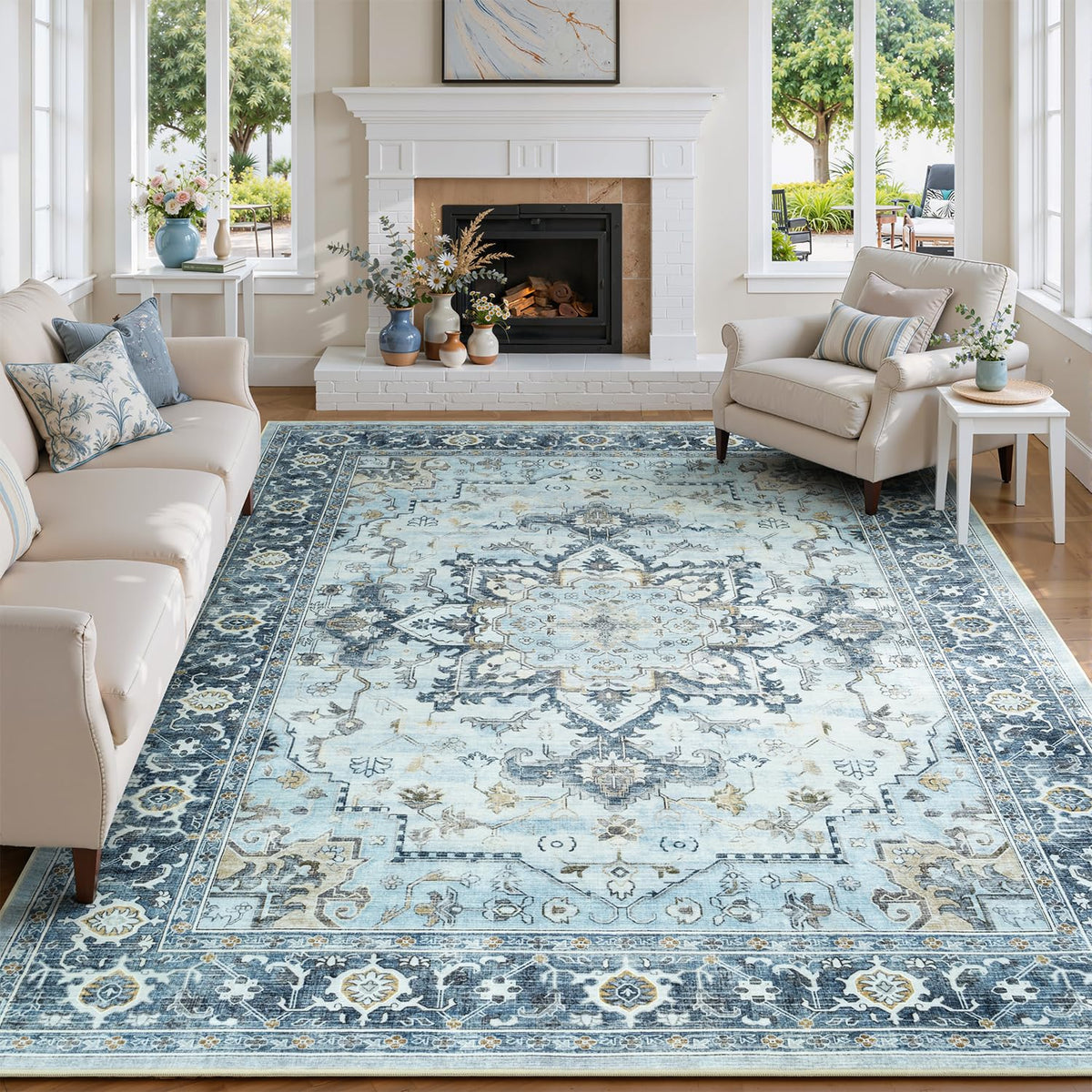 Sage Green 8x10 Area Rug for Living Room, Vintage Boho Large Carpet