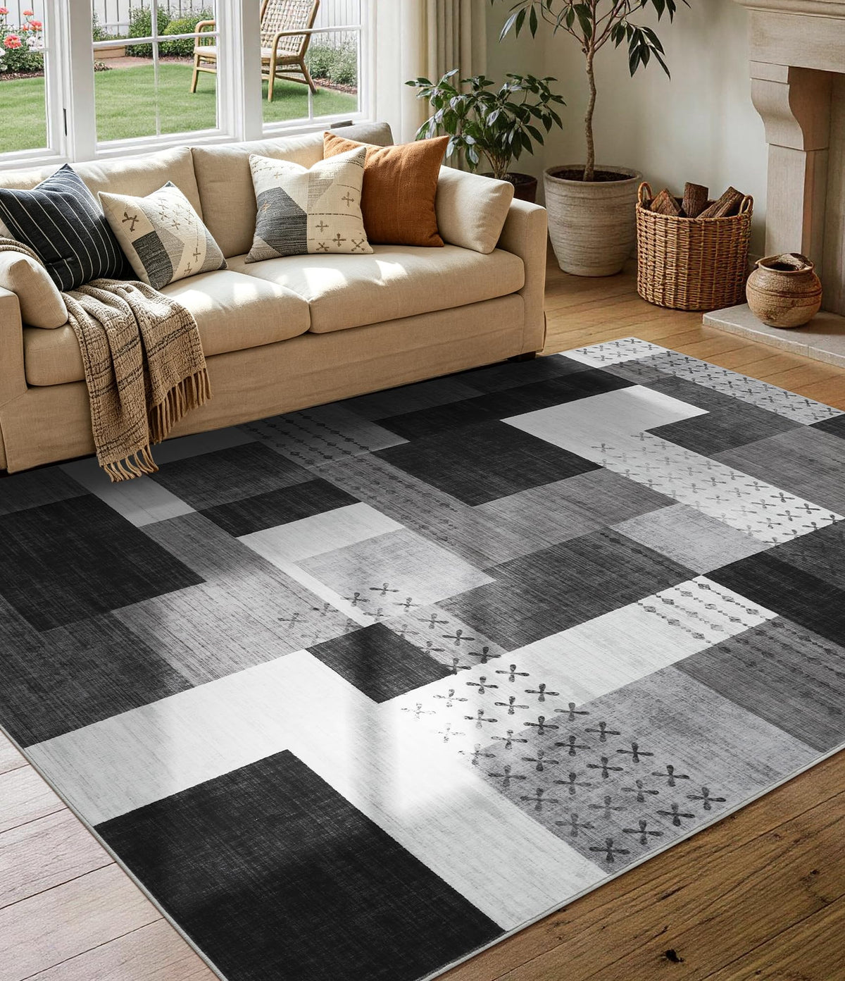 YIHOUSE Brown Modern 5x7 Area Rugs for Living Room, Washable Geometric Patchwork Rug for Bedroom Playroom Non Slip Low Pile, Southwestern Rustic Throw Carpet for Entryway Home Office