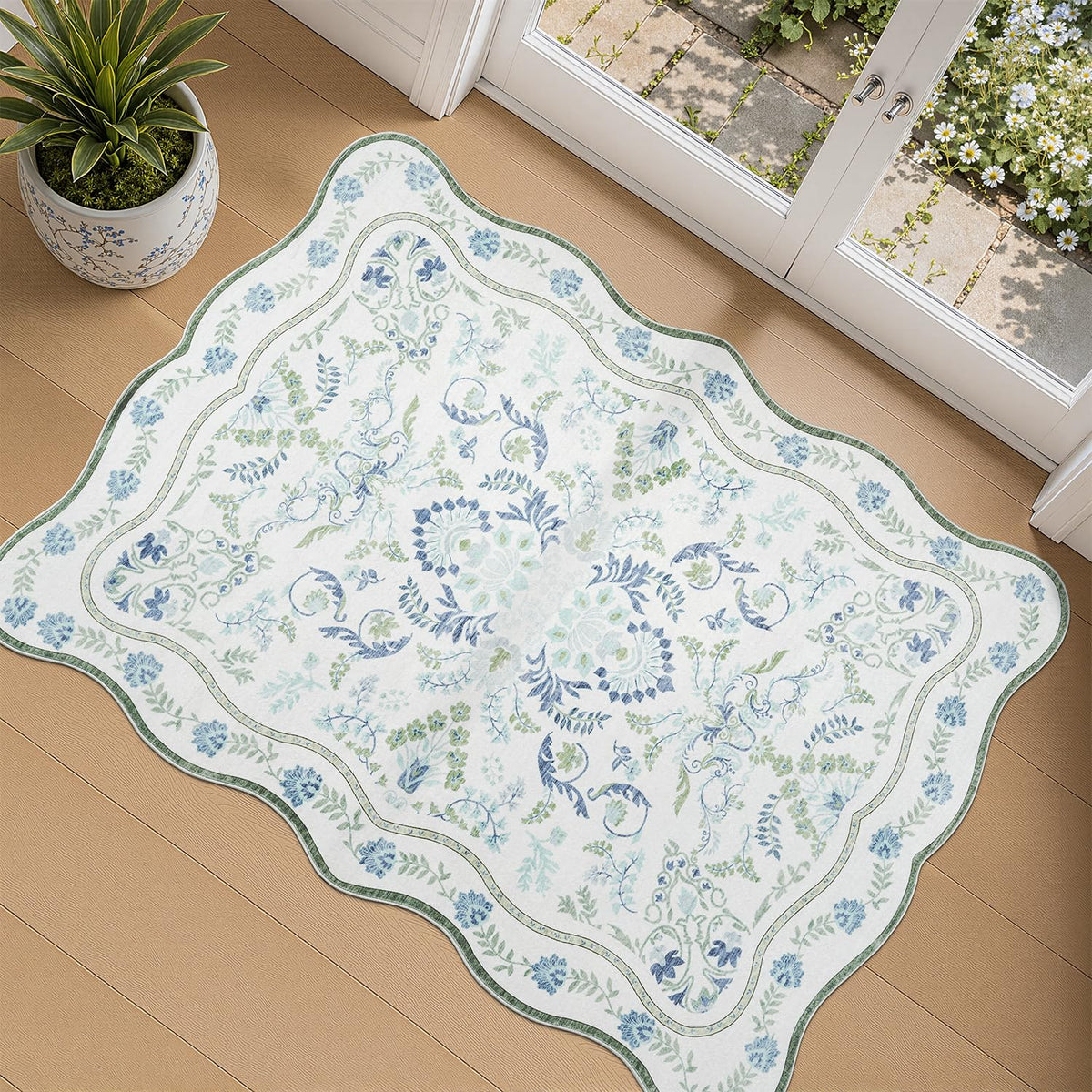 DCX 8x10 Area Rug Living Room: Washable Botanical Carpet Blue and Green