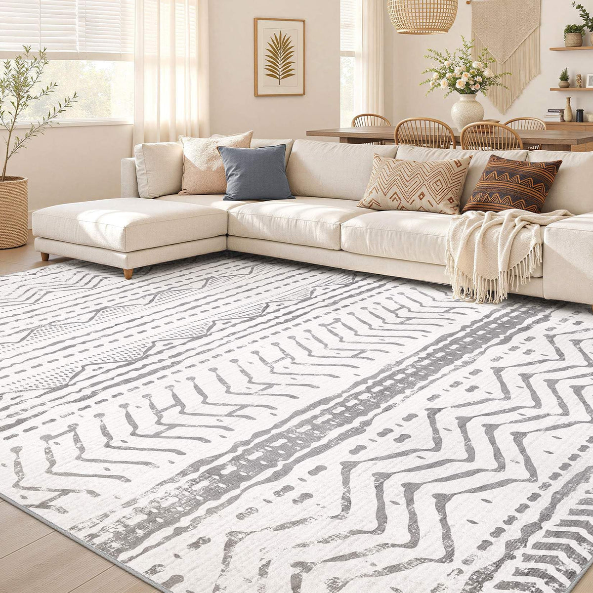 Nakagishi 10X14 Area Rugs for Living Room: Washable Modern Abstract Rug with Non-Slip Silicone Backing Low Pile Soft Carpet for Bedroom & Dining Decor Ideal for Families with Kids and Pets-Brown