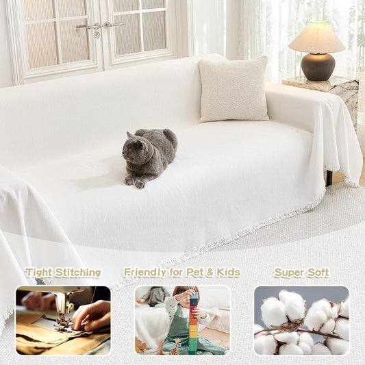 MYSKY HOME Sofa Covers for 2 Cushion Couch L Shaped Couch Cover Washable Couch Cover with Tassels Boho Couch Covers Non Slip Super Universal Soft Sofa Slipcover for Kids, Dogs, Pets, 71"x118", White