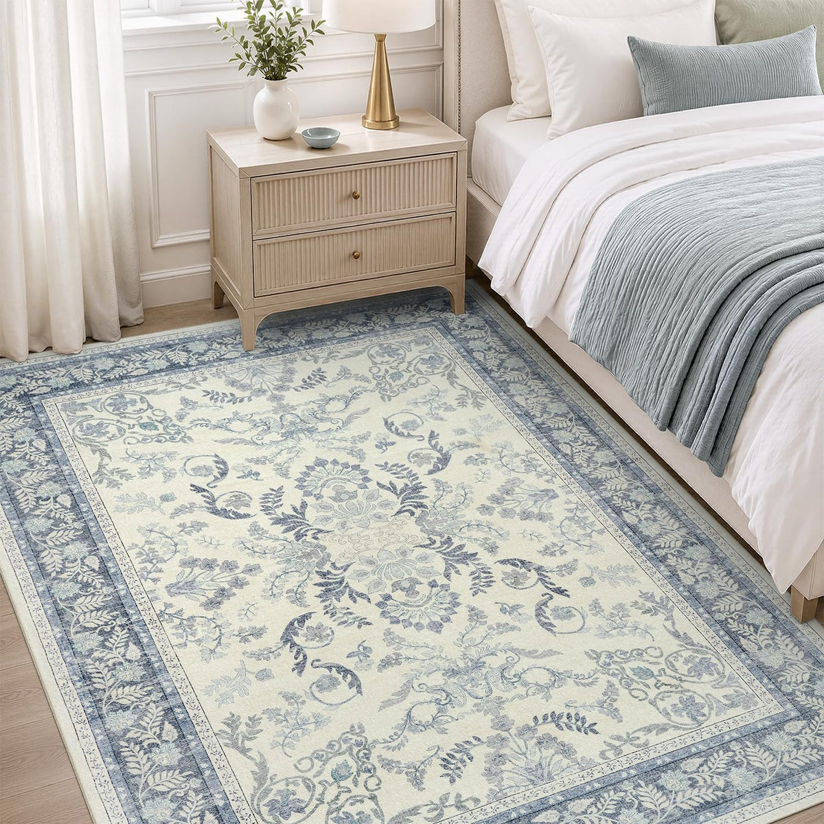 DCX 8x10 Area Rug Living Room: Washable Botanical Carpet Blue and Green