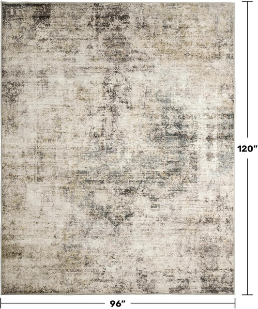 Farmhouse 8x10 Washable Area Rugs for Living Room, Neutral Taupe Brown Abstract Rug for Dining Room and Bedroom, Soft Foldable Low Pile Carpet, Stain Resistant Non-Slip Backing, Distressed Design
