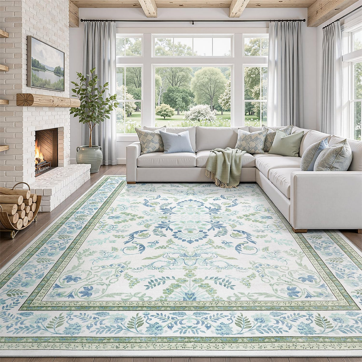 DCX 8x10 Area Rug Living Room: Washable Botanical Carpet Blue and Green