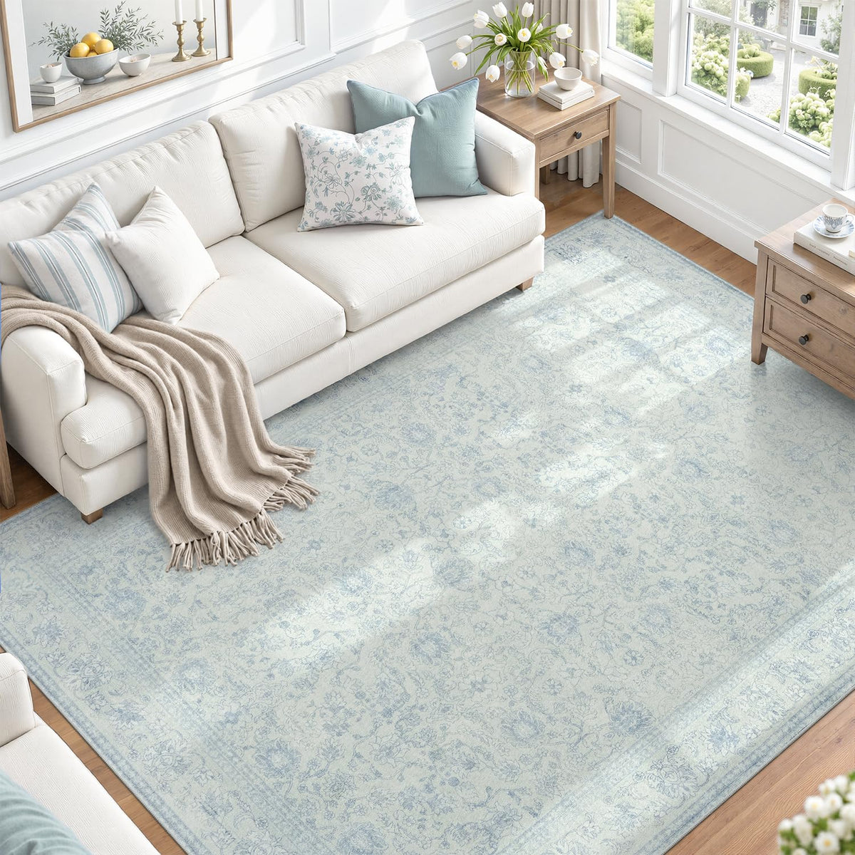 DCX 8x10 Area Rug Living Room: Washable Botanical Carpet Blue and Green