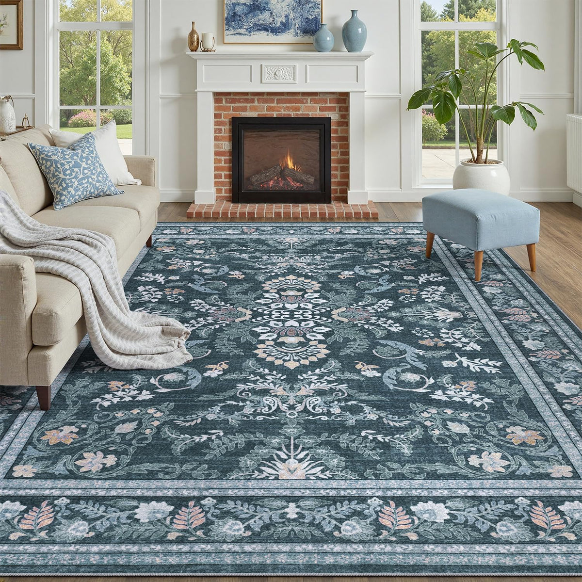 DCX 8x10 Area Rug Living Room: Washable Botanical Carpet Blue and Green