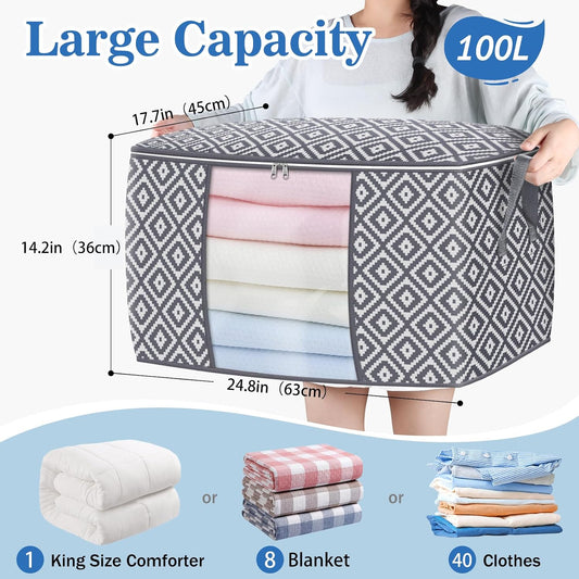 100L 3 Pack Storage Bags, Foldable Clothes Bins with Clear Window, Gray
